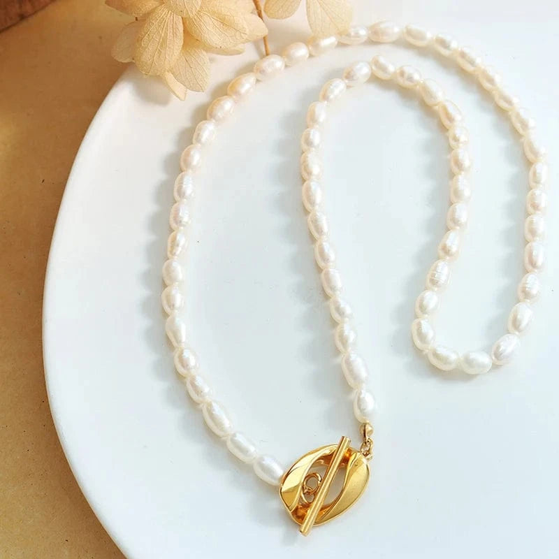 TRENDY / P1318- Gold necklace -40cm French OT Chain Necklace Freshwater Pearl Pendant Chain Necklace Hip Hop Stainless Steel Jewelry
