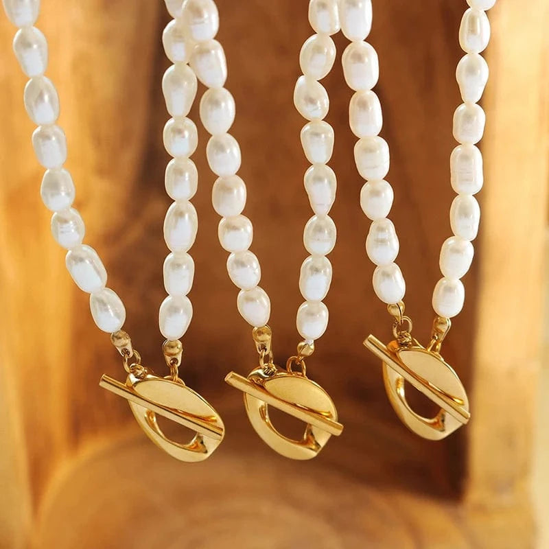 TRENDY / P1318- Gold necklace -40cm French OT Chain Necklace Freshwater Pearl Pendant Chain Necklace Hip Hop Stainless Steel Jewelry