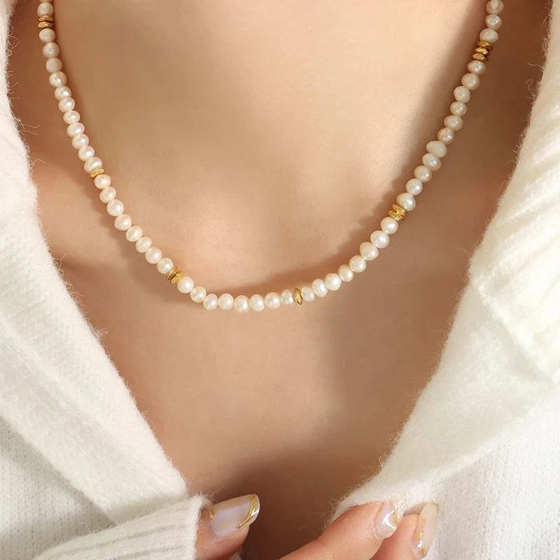 TRENDY / P1367- Gold necklace -42+7cm Factory Romantic Freshwater Pearl Necklace with Stainless Steel Jewelry Necklace