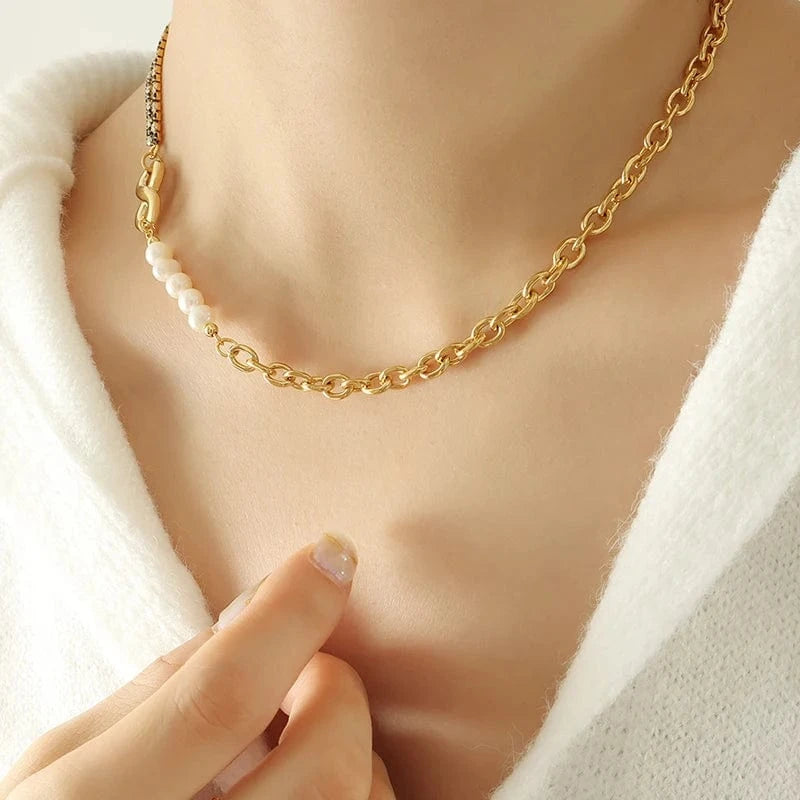 TRENDY / P1372- Gold necklace -40+5cm Geometric thick chain zircon infinite chain necklace bracelet jewelry sets