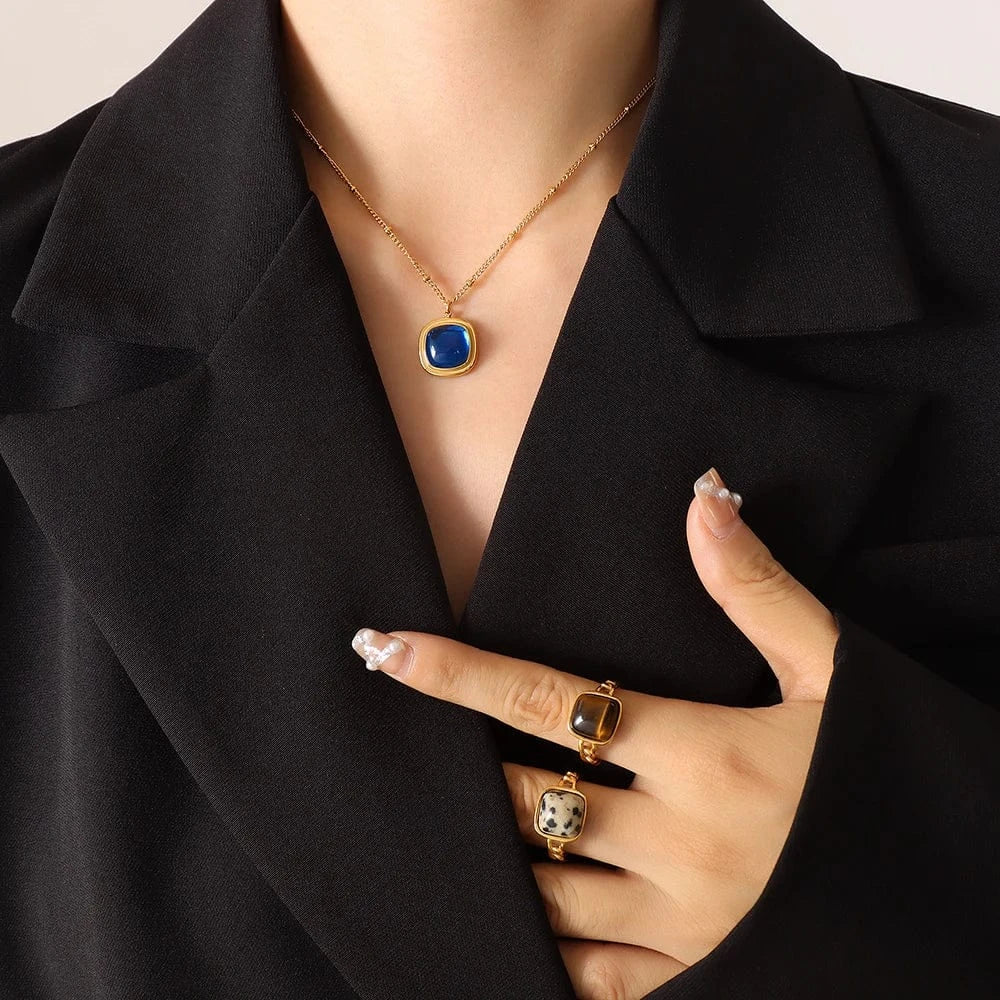 TRENDY / P257-Gold Sapphire Crystal Necklace-39+5cm European and American crystal stone pendant necklace earrings titanium steel plated 18K gold jewelry set