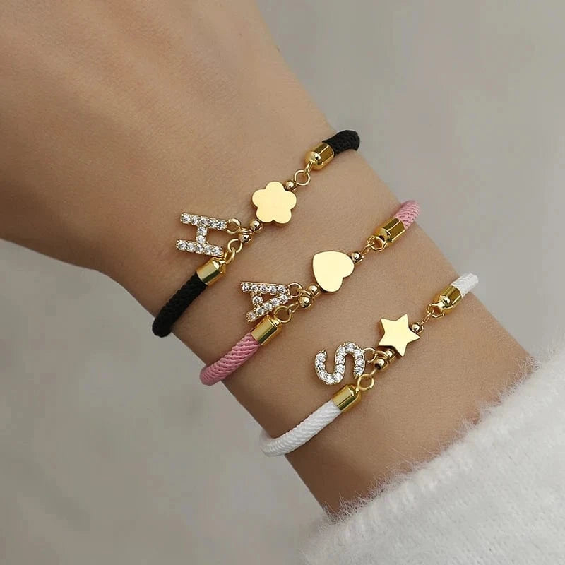 Trendy Pave Cubic A-Z Initial Letter Women Bracelet Star Heart Flower Adjustable Rope Bracelet For Women Jewelry Gift