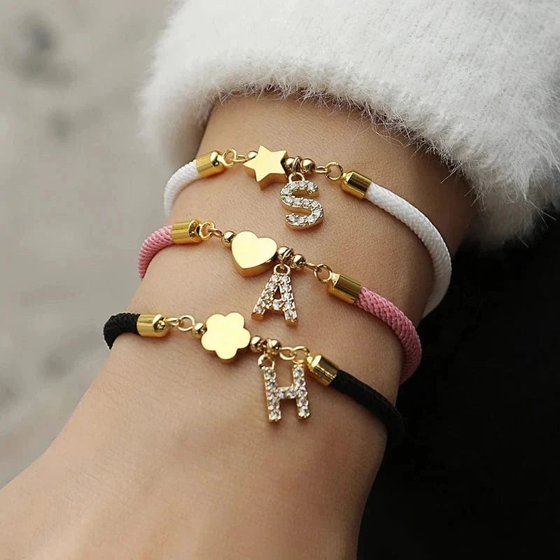 Trendy Pave Cubic A-Z Initial Letter Women Bracelet Star Heart Flower Adjustable Rope Bracelet For Women Jewelry Gift