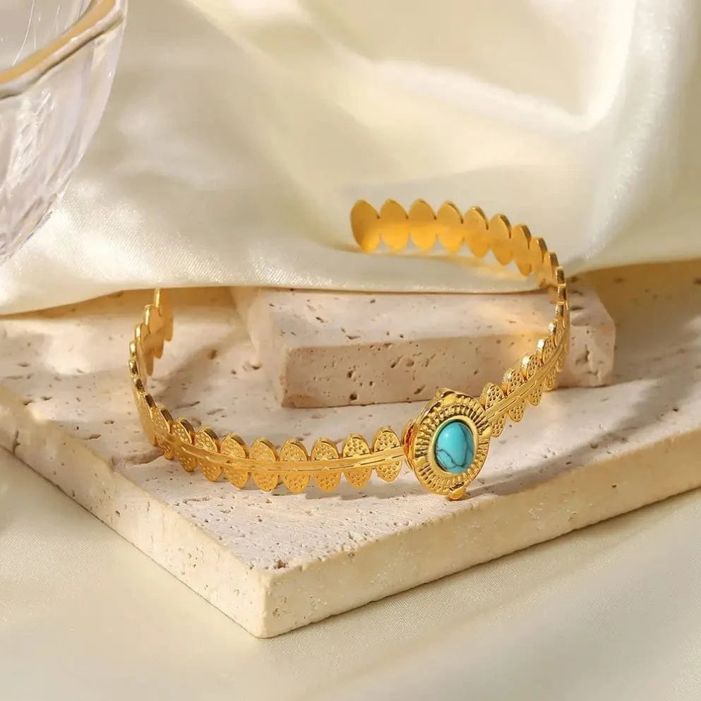 TRENDY / Picture / BR1051 BR1051 18k Gold Plated Stainless Steel Fashion Crown Shape Turquoise Opening Bracelet For Women Jewelry