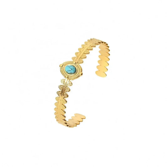 TRENDY / Picture / BR1051 BR1051 18k Gold Plated Stainless Steel Fashion Crown Shape Turquoise Opening Bracelet For Women Jewelry