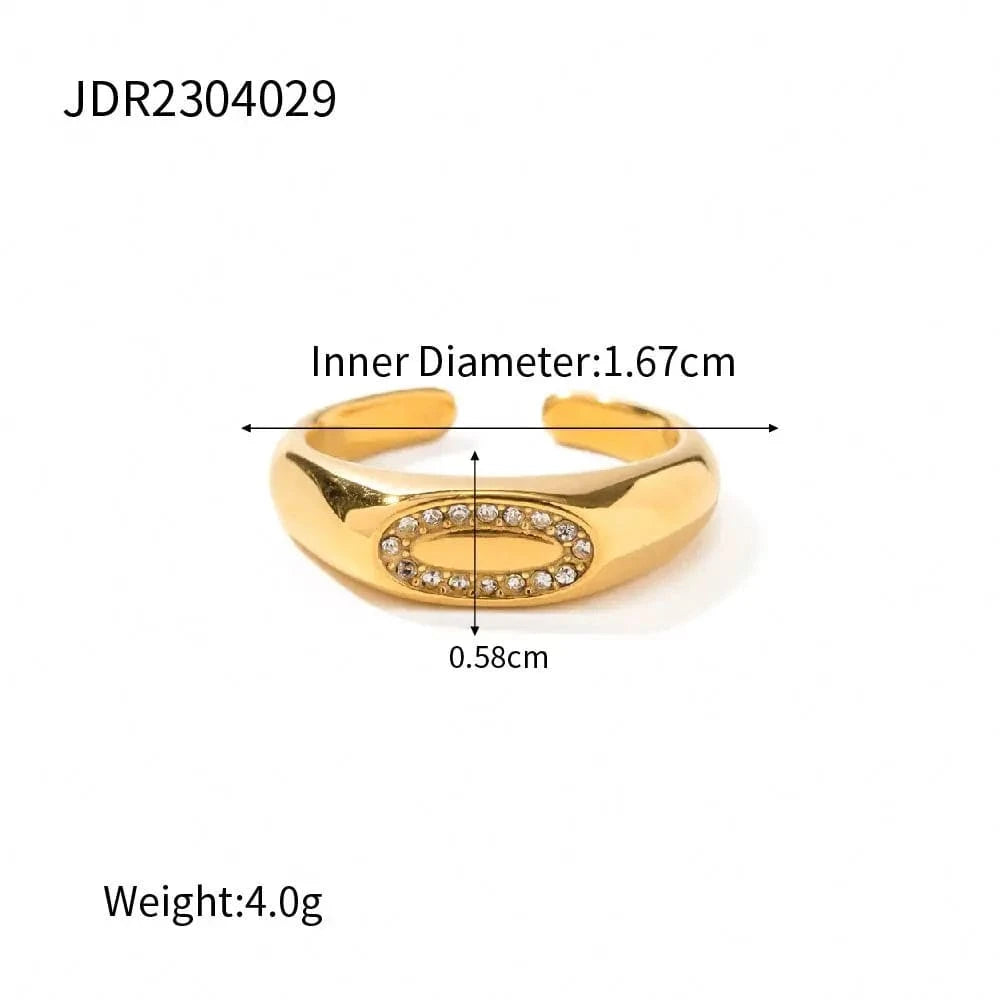 Trendy / R1929 R1929 Arrival 18K Gold Plated Simple Punk Jewelry Stainless Steel Geometric Ellipse Oval Zircon Ring for Women