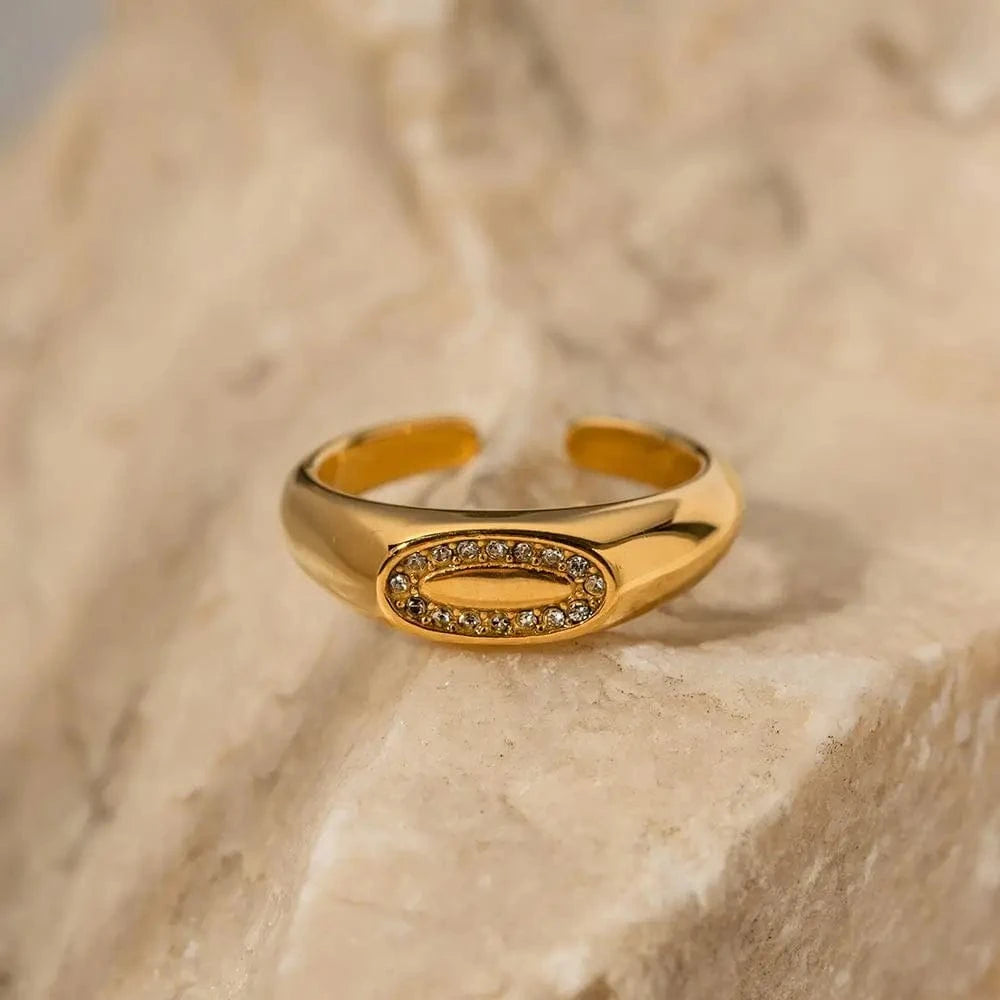 Trendy / R1929 R1929 Arrival 18K Gold Plated Simple Punk Jewelry Stainless Steel Geometric Ellipse Oval Zircon Ring for Women