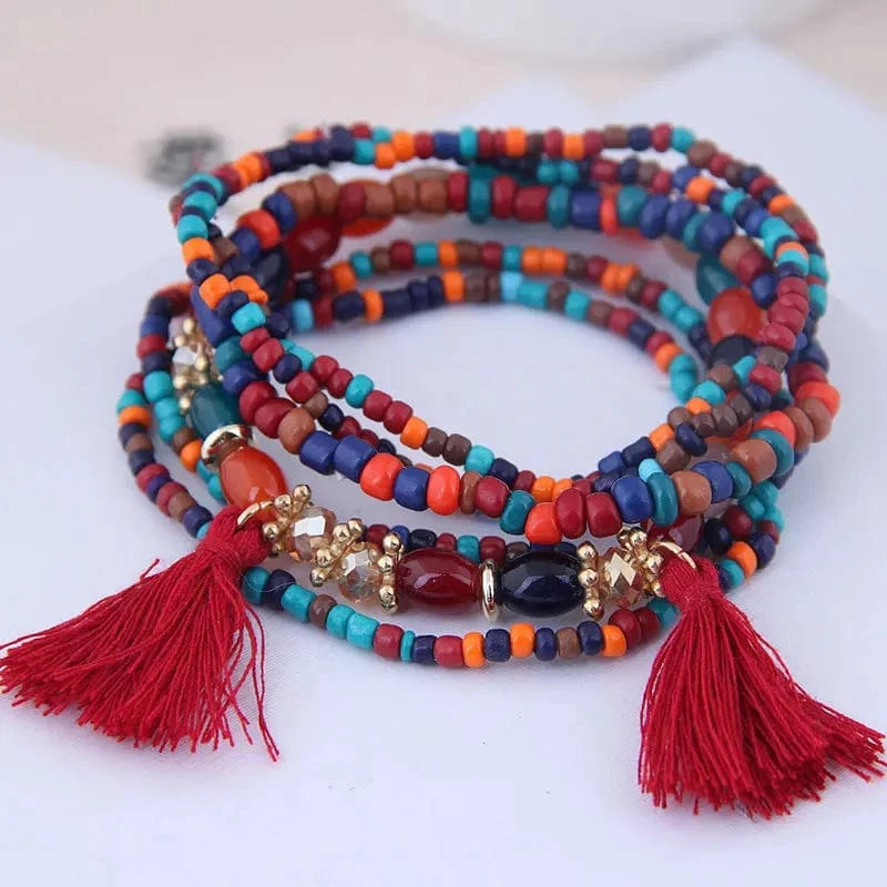 Trendy / Red Fashionable Mixed And Matched Beads For Bracelets Simplicity Tassel Jewelry Bohemian ethnic style Multilayer Bracelet