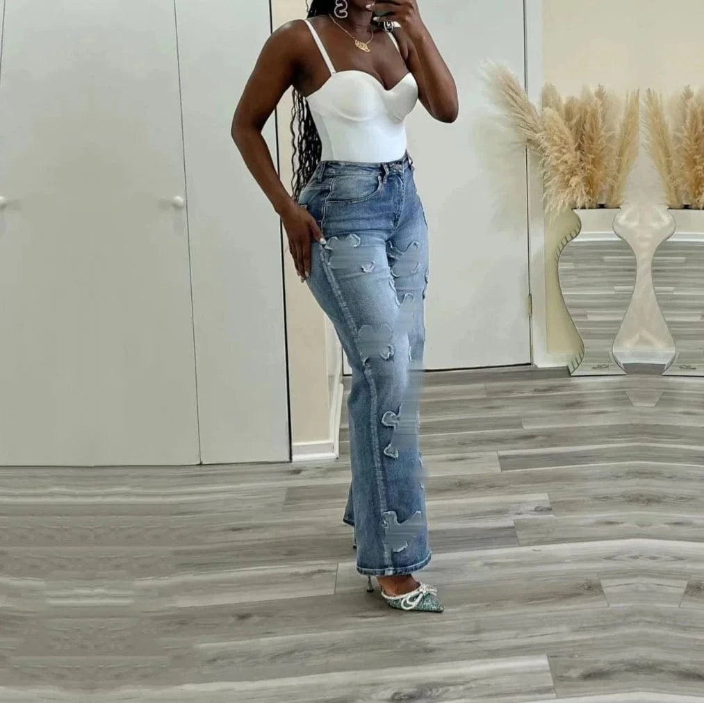 Trendy Ripped High Waist Straight Leg Denim Jeans