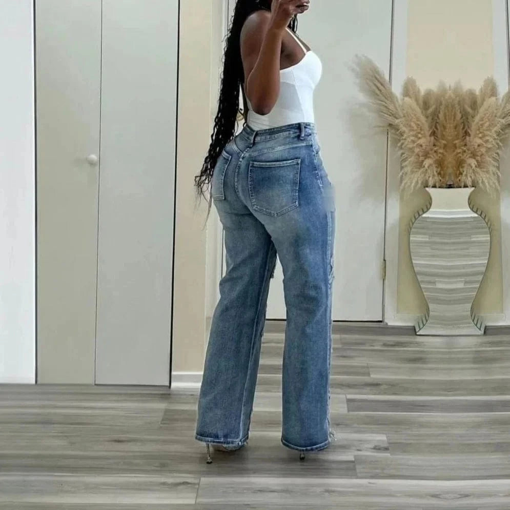 Trendy Ripped High Waist Straight Leg Denim Jeans