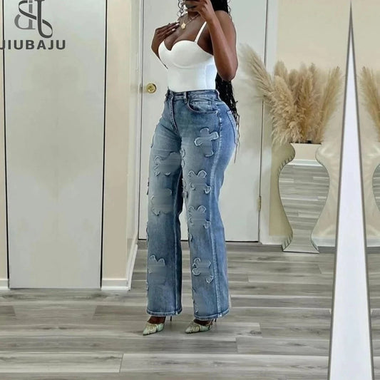 Trendy Ripped High Waist Straight Leg Denim Jeans