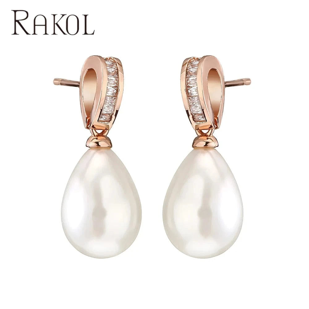 trendy / Rose gold Rakol EP2960 Fine Designer Hoop Earrings Women 2022 Small Gold Plated Zircon Crystal Pearl Wedding Bridal Earrings
