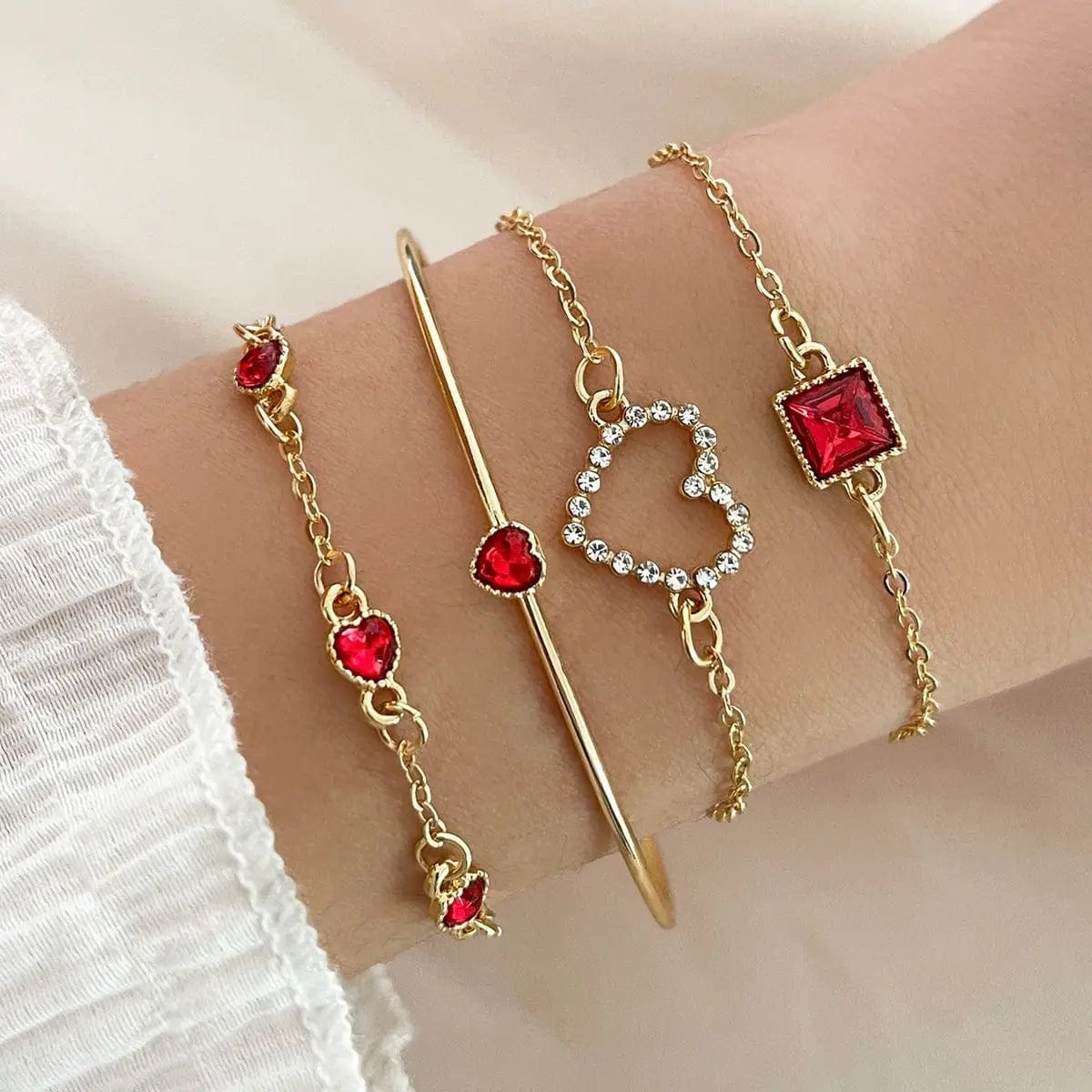 Trendy / S1158-REDHB New Vintage Green Diamond Bracelet Simplicity Heart Design Chain Bracelet 4-Piece Set Stylish Link Chain Bracelet