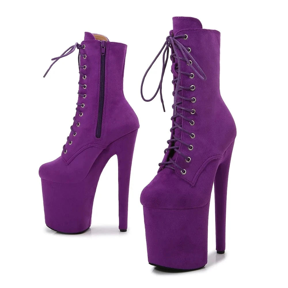 Trendy suede stiletto high heels zip-up short boots 20 cm women sexy platform boots lace-up pole dance shoes