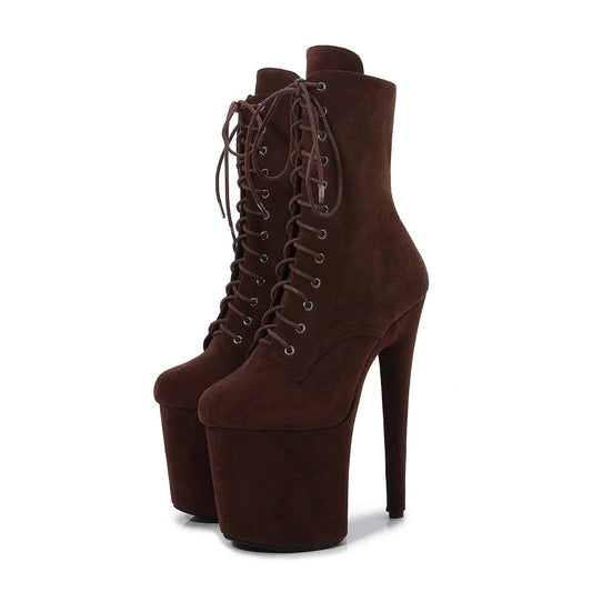 Trendy suede stiletto high heels zip-up short boots 20 cm women sexy platform boots lace-up pole dance shoes