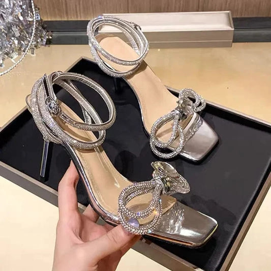 Trendy Summer Silver Square Toe High Heels for Ladies Knot Sandales Talon Femme Ankle Cross Strap Bling Elegant Bow Sandal Heels
