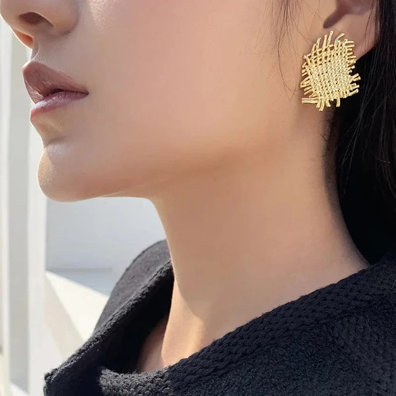 TRENDY / TRENDY / Gold Aimgal fashion jewelry Acrylic Metallic texture Woven Vintage earings exaggerate S925 Silver Ear Needle