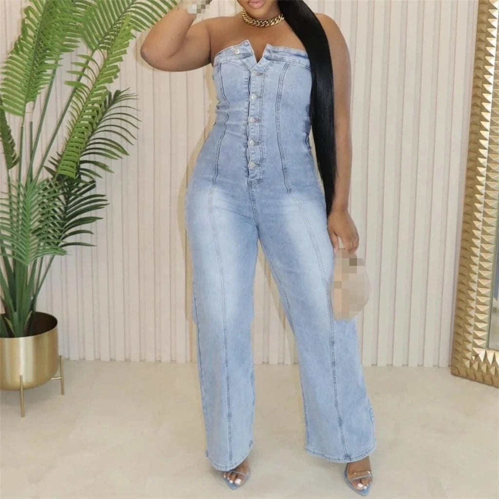 Trendy  Unique Fashion Casual Sexy Summer Jumpsuits Sleeveless One Piece Denim Jeans Jumpsuit Woman Lady Jumpsuit For Women