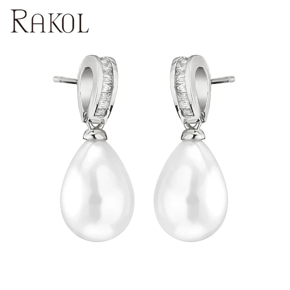 trendy / White Rakol EP2960 Fine Designer Hoop Earrings Women 2022 Small Gold Plated Zircon Crystal Pearl Wedding Bridal Earrings