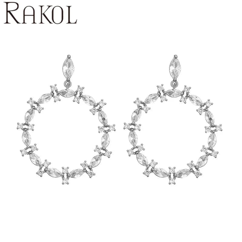 trendy / White RAKOL EP5410 Latest Round Shaped Zirconia Earrings Real Gold Plated High Quality Silver Earrings For Women