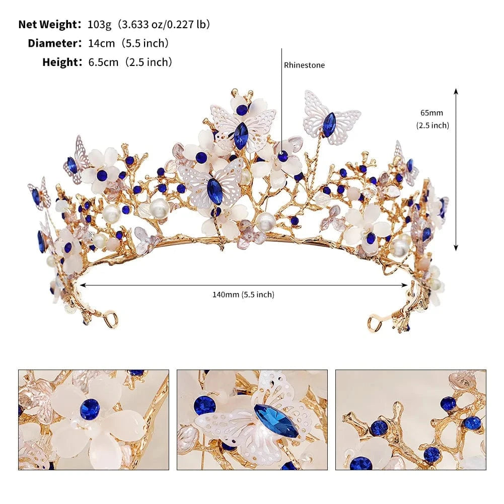TS-J2934GBLUE Gold Butterfly Shell Ivory Flower Tiaras and Crowns Cosplay Princess Diadem Classic Handmade Wedding Hair Jewelry Accessories