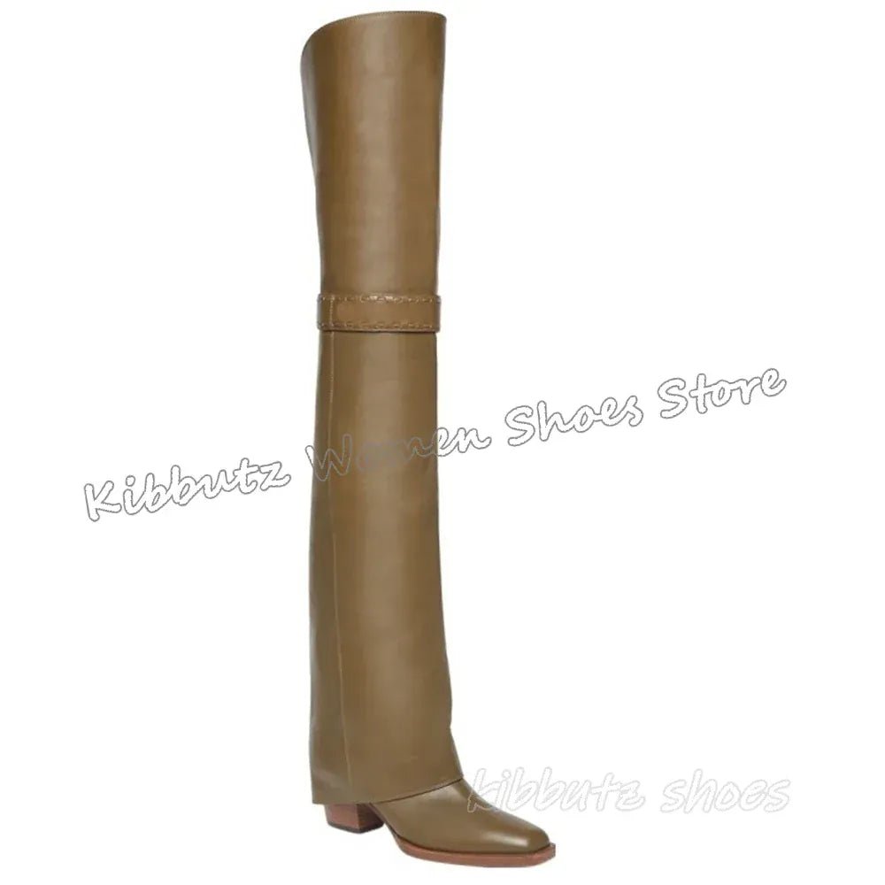 Turned - Over Edge Boots Over The Knee Genuine Leather Solid Color Fashion Luxury Elegant Concise Sexy Women Party Shoes New Heels - SN Wigs & More