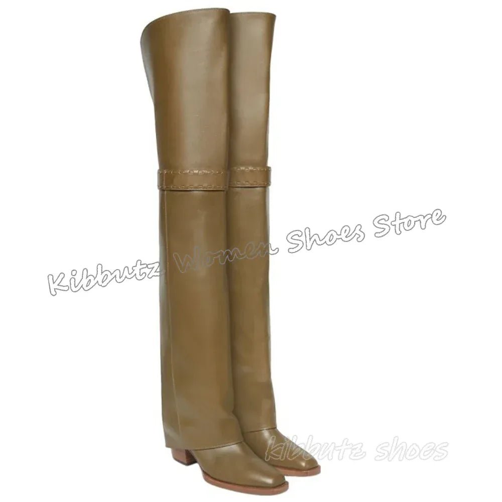 Turned - Over Edge Boots Over The Knee Genuine Leather Solid Color Fashion Luxury Elegant Concise Sexy Women Party Shoes New Heels - SN Wigs & More