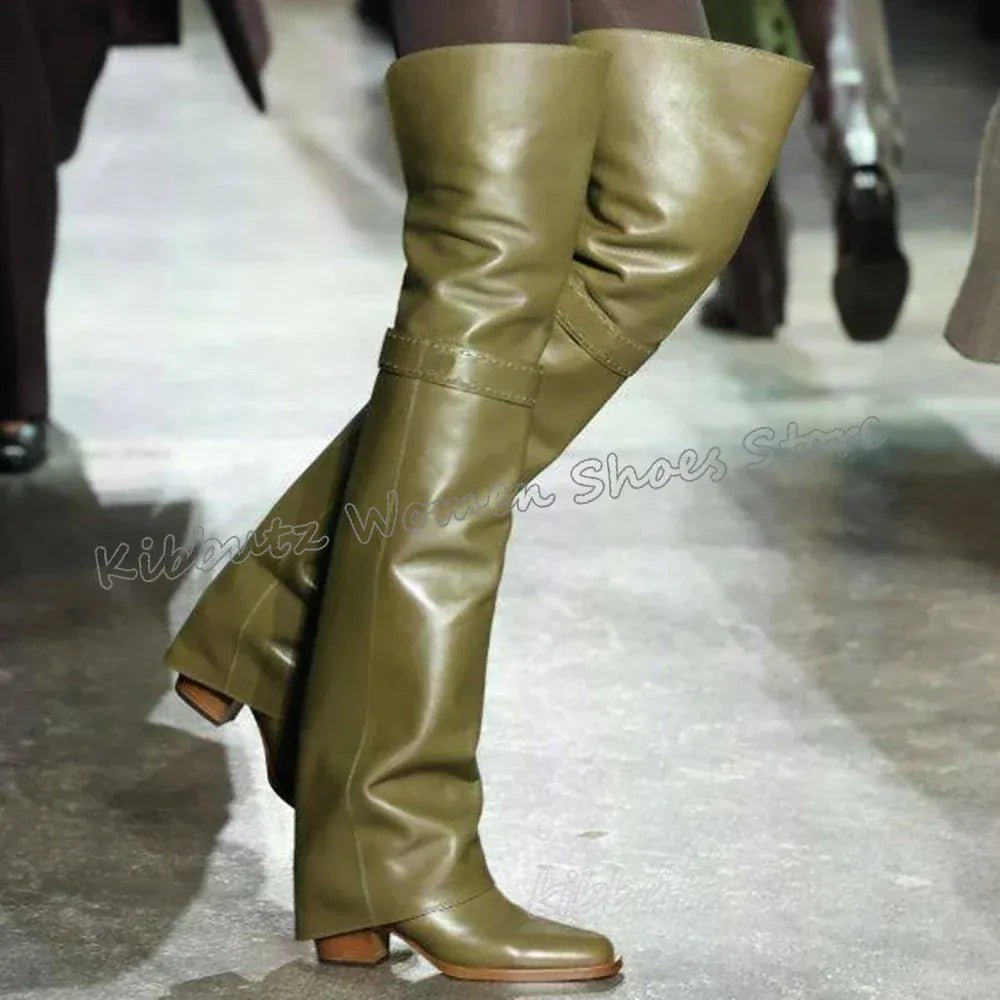 Turned - Over Edge Boots Over The Knee Genuine Leather Solid Color Fashion Luxury Elegant Concise Sexy Women Party Shoes New Heels - SN Wigs & More