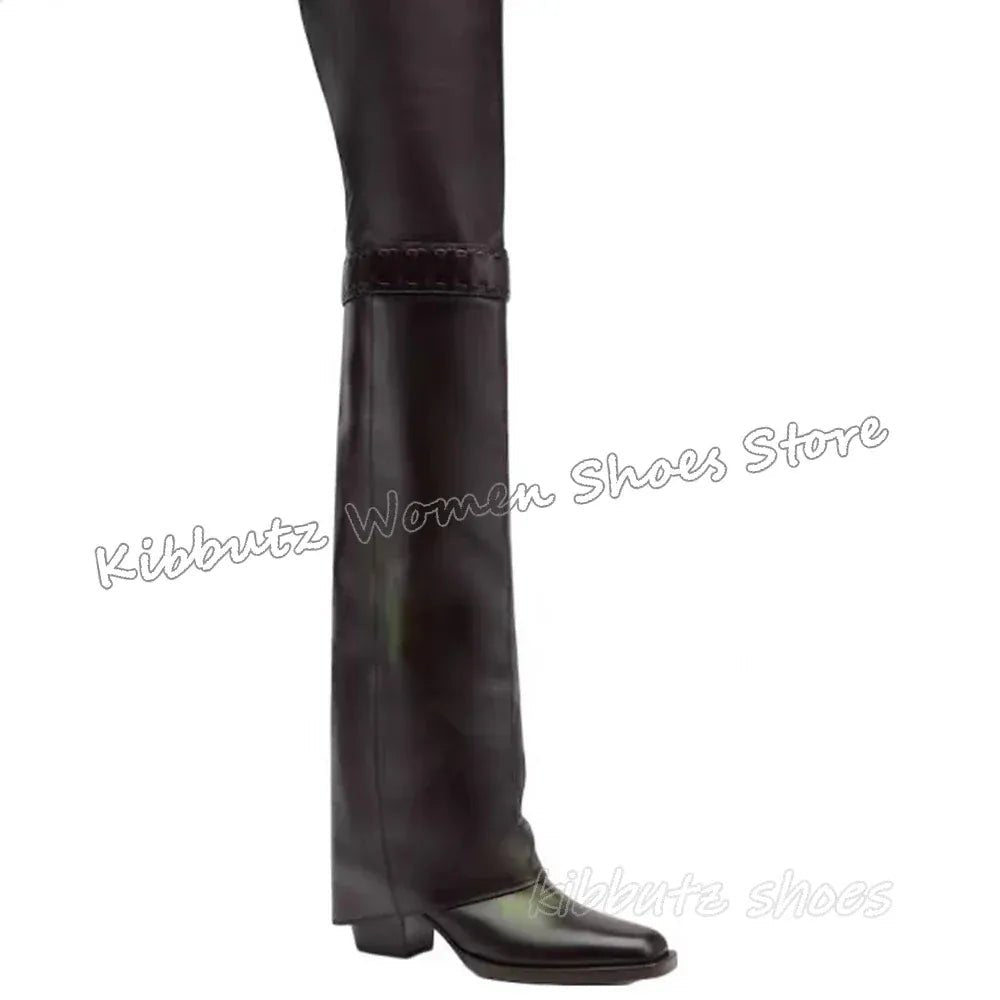 Turned - Over Edge Boots Over The Knee Genuine Leather Solid Color Fashion Luxury Elegant Concise Sexy Women Party Shoes New Heels - SN Wigs & More