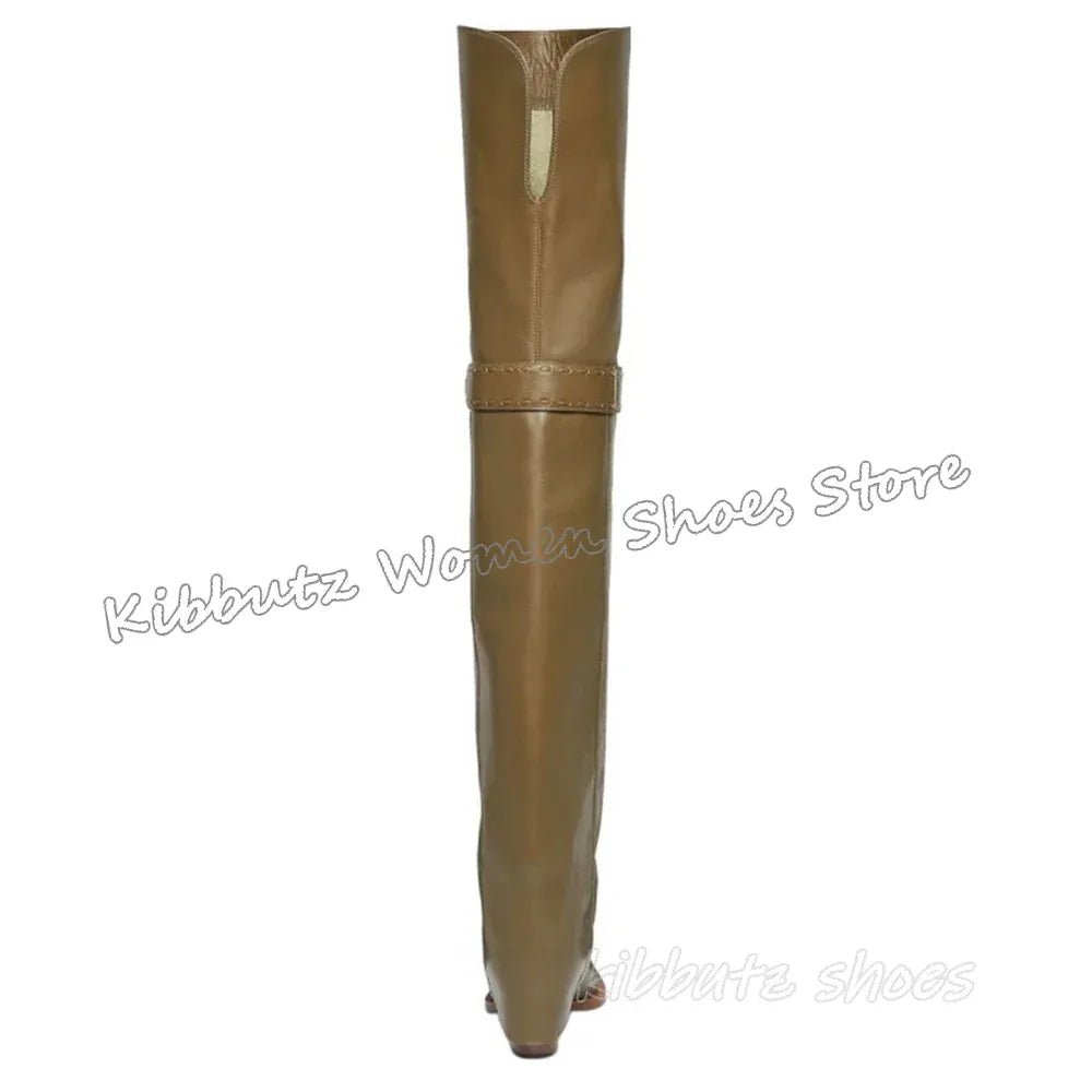 Turned - Over Edge Boots Over The Knee Genuine Leather Solid Color Fashion Luxury Elegant Concise Sexy Women Party Shoes New Heels - SN Wigs & More
