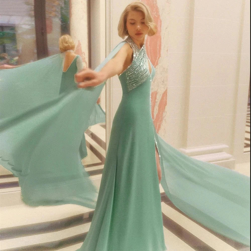 Turquoise Green Chiffon Dubai Evening Dress With Cape Sleeves Luxury Beaded Arabic Women Wedding Party Gowns Scz207