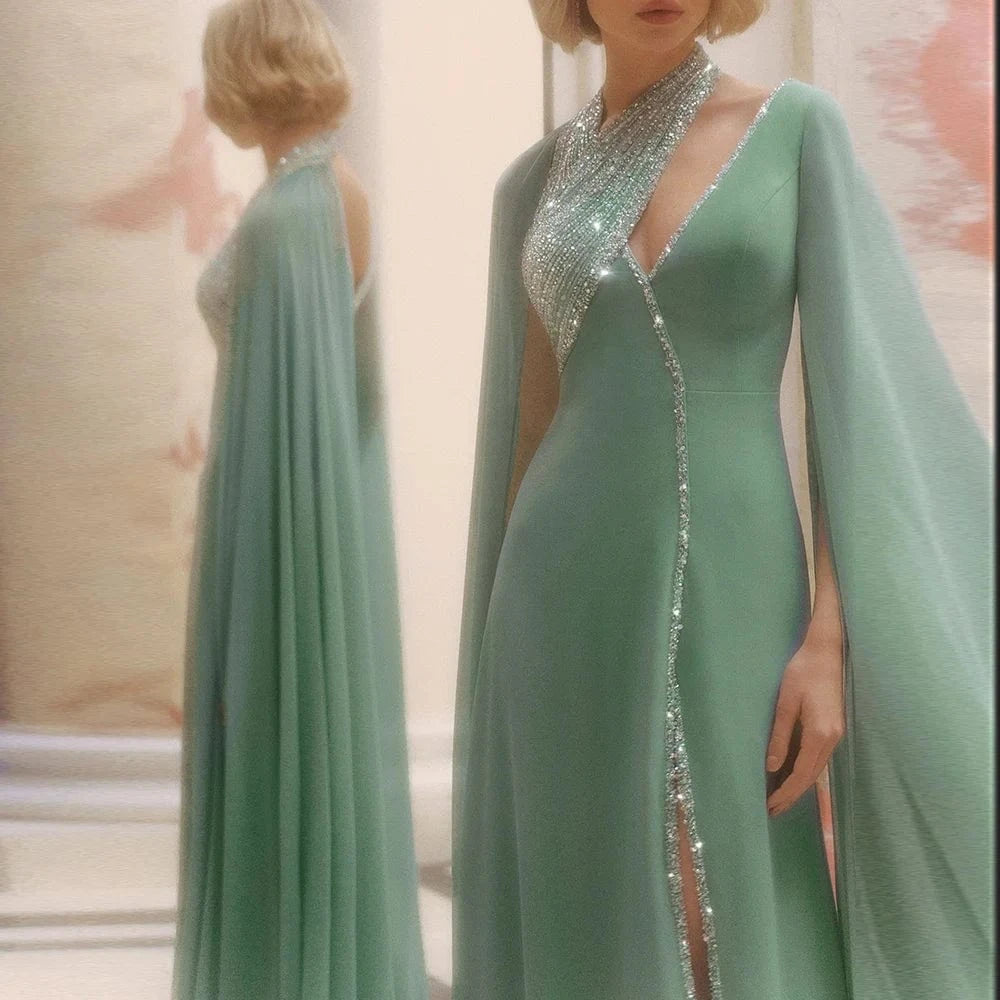 Turquoise Green Chiffon Dubai Evening Dress With Cape Sleeves Luxury Beaded Arabic Women Wedding Party Gowns Scz207