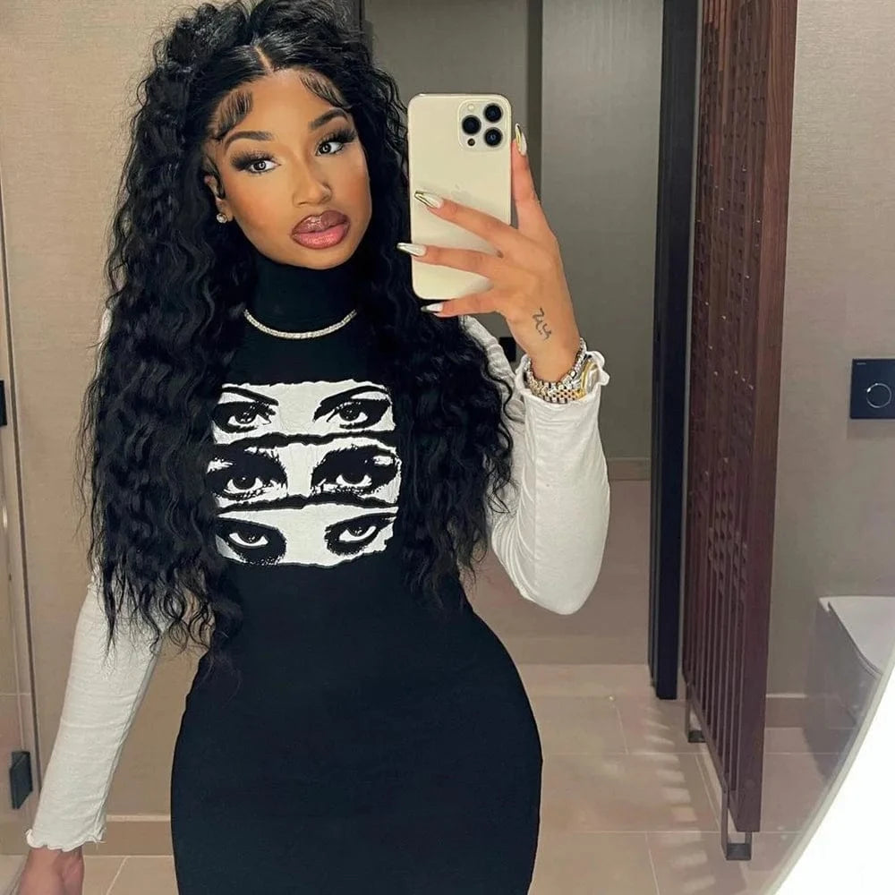 Turtleneck Long Sleeve Skinny Eyes Printed Long Dress Women Contrast Color Pullover Bodycon Dresses