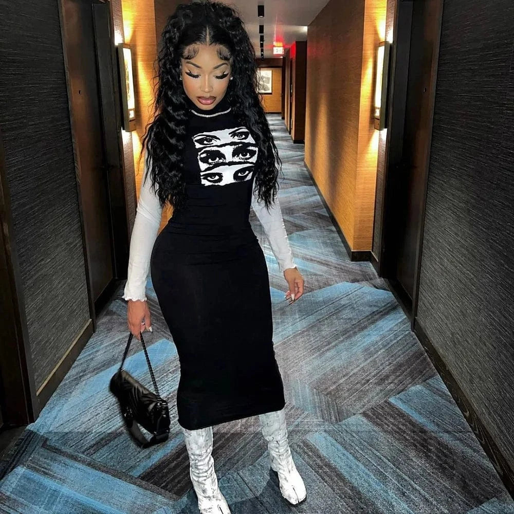 Turtleneck Long Sleeve Skinny Eyes Printed Long Dress Women Contrast Color Pullover Bodycon Dresses