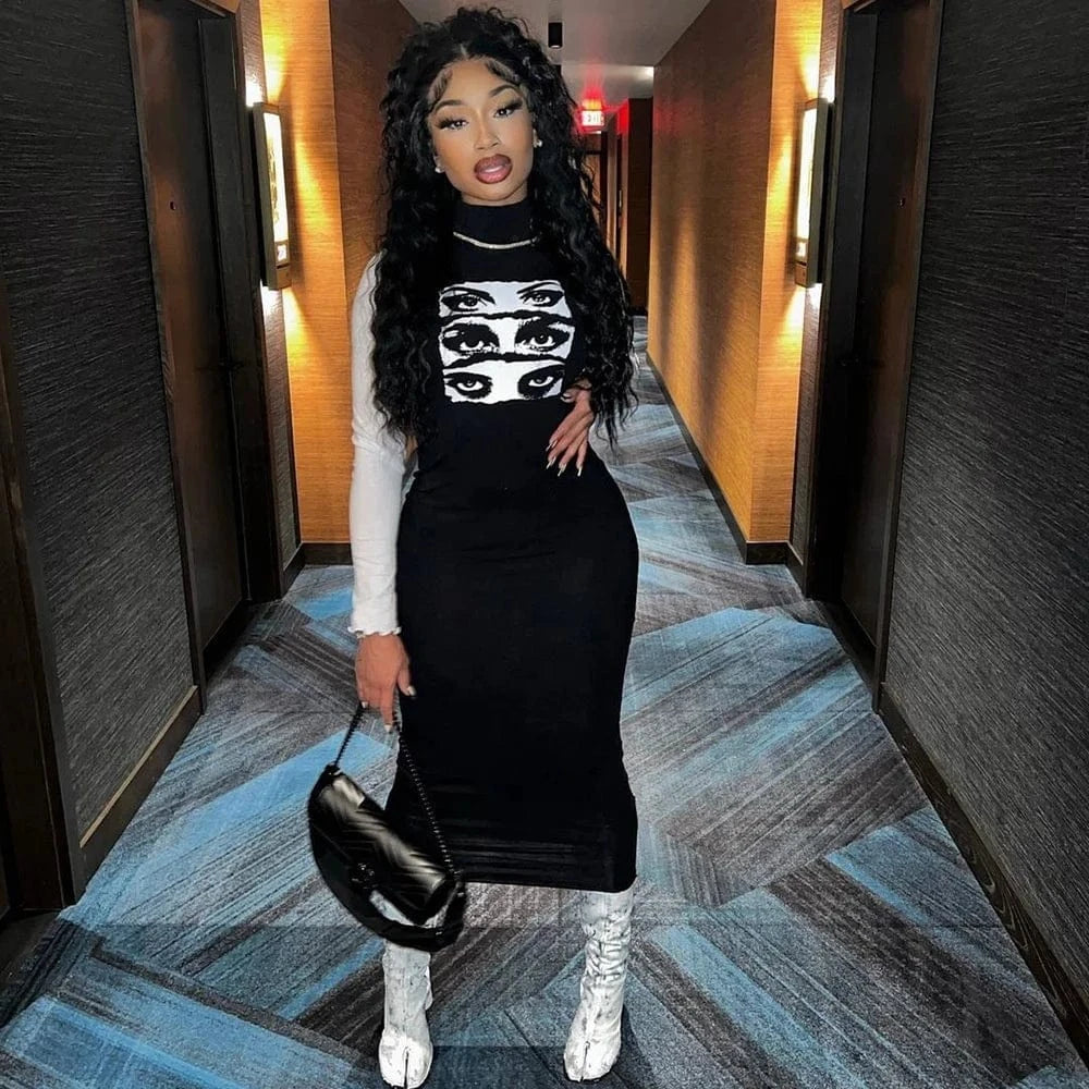 Turtleneck Long Sleeve Skinny Eyes Printed Long Dress Women Contrast Color Pullover Bodycon Dresses
