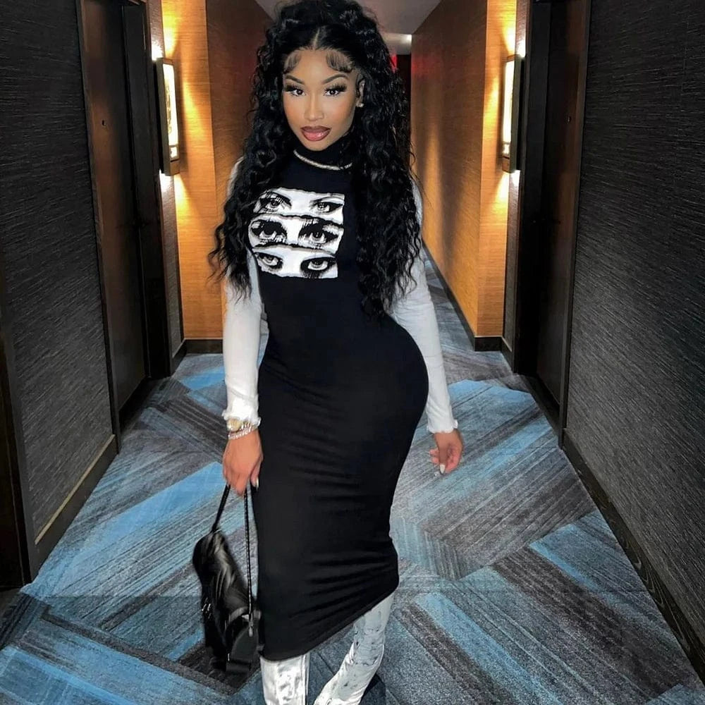 Turtleneck Long Sleeve Skinny Eyes Printed Long Dress Women Contrast Color Pullover Bodycon Dresses