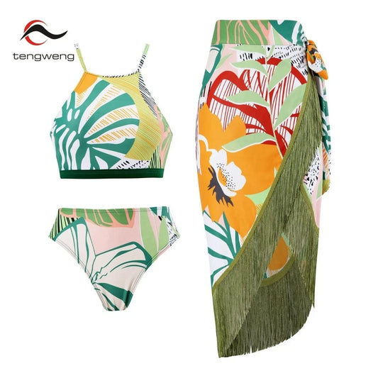 TW 2024 latest designer high neck tassel bikini set print bathing suit manufactures luxury skirt swimwear dress beachwear bikini