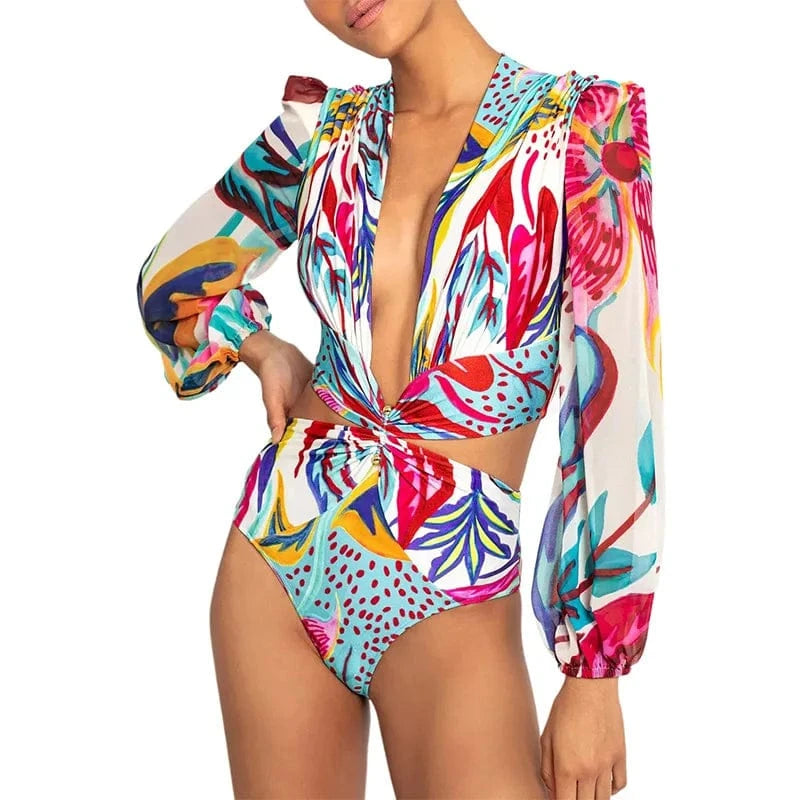 TW 2024 luxury women swimsuit hollow out on both sides bikini  print long sleeves swimwear