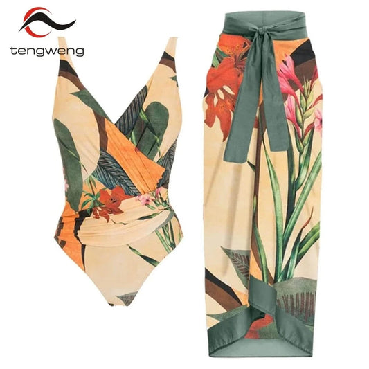 TW 2024 trajes de bano women custom deep v neck ruched swimwear bikini set beach print one piece swimsuit beachwear cover up