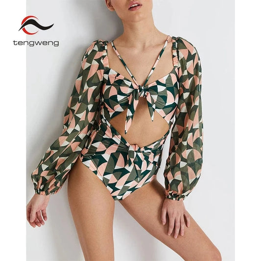 TW New 2024 Printed Women Swimwear V-Neck Bathing Suit Beachwear Hollow Out Swimsuit One Pieces Long Sleeve Swimming Wear