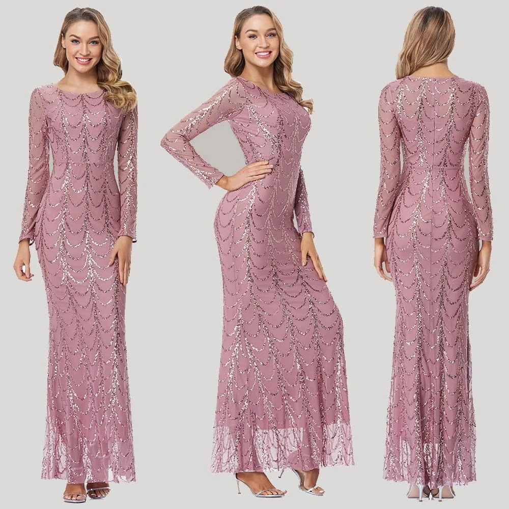 TW00028 New Design Spring Summer Slim Banquet Mermaid Dress Elegant Long Sleeve O-neck Sequin Dresses Women Party Evening Dress