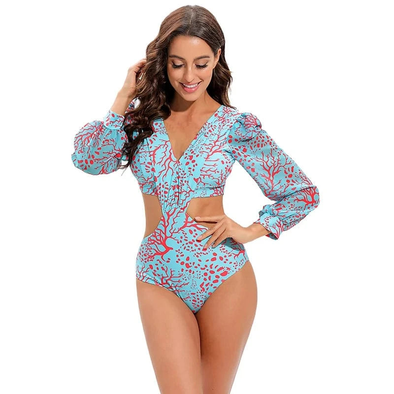 TW71004 Swimwear Women Print 2024 Puffy One Piece Swimsuit Flared Sleeves Bathing Suit Retro Ruffle Strap Vintage Beachwear set