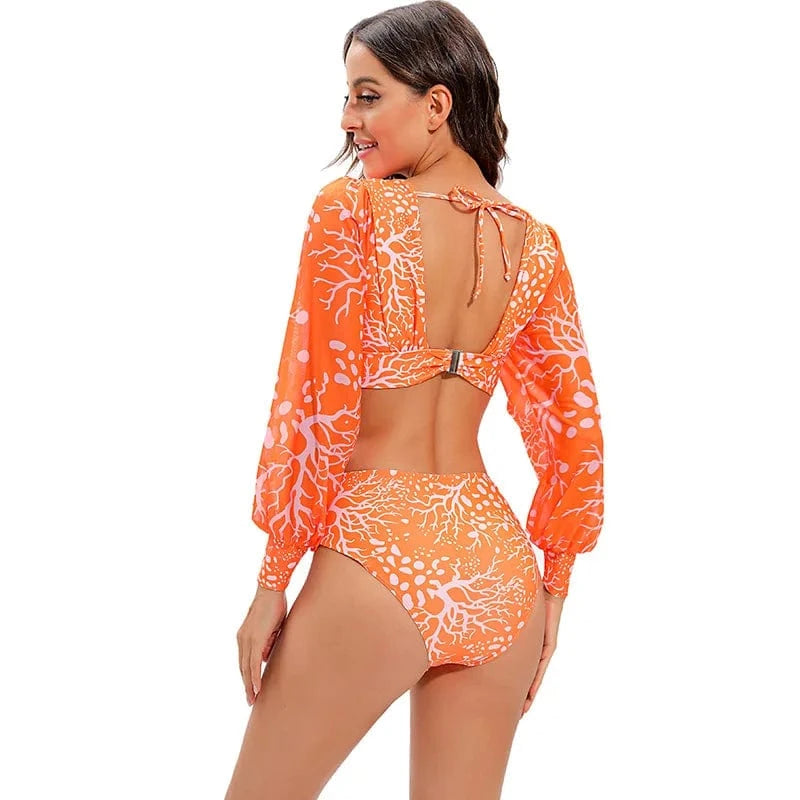 TW71004 Swimwear Women Print 2024 Puffy One Piece Swimsuit Flared Sleeves Bathing Suit Retro Ruffle Strap Vintage Beachwear set