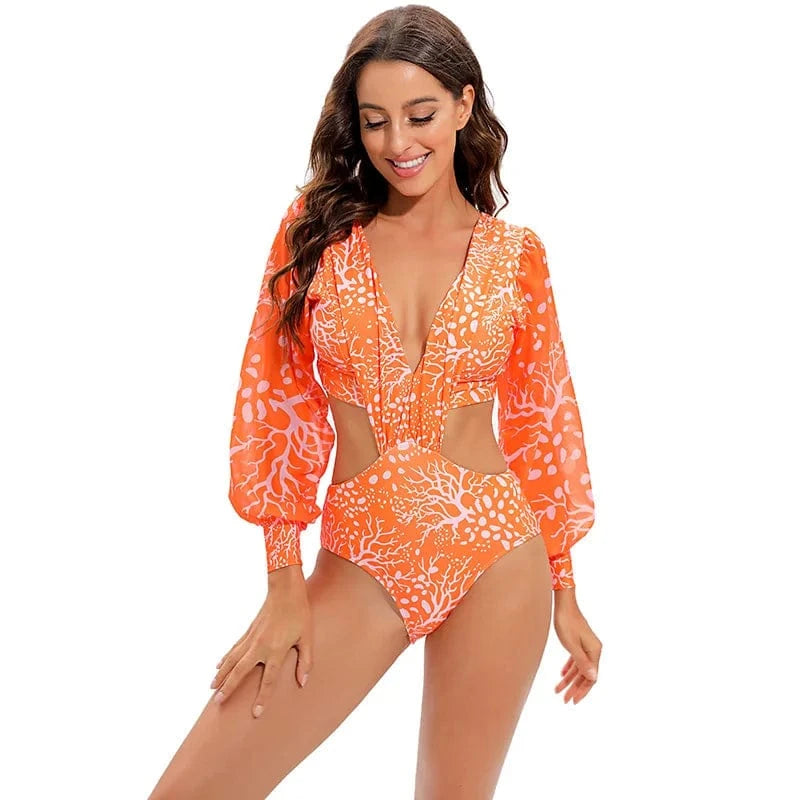 TW71004 Swimwear Women Print 2024 Puffy One Piece Swimsuit Flared Sleeves Bathing Suit Retro Ruffle Strap Vintage Beachwear set