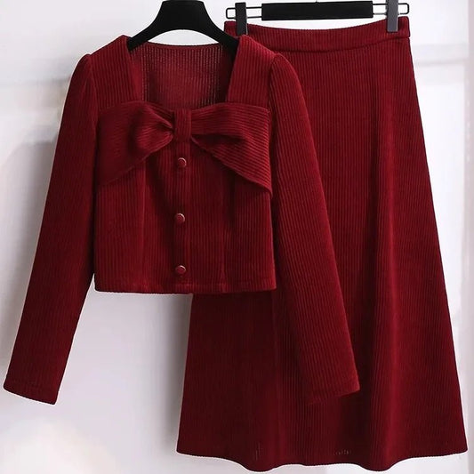 Two - Piece Corduroy Jacket And Mini Skirt Set + Red Color + Elegant Autumn Chic Style - SN Wigs & More
