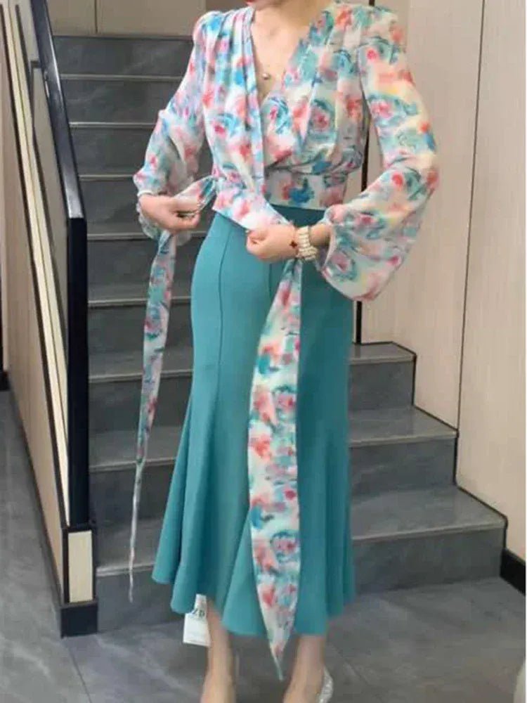 Two - piece dress women's summer 2024 new temperament casual fashion print sexy design cross tie floral shirt+fishtail skirt - SN Wigs & More