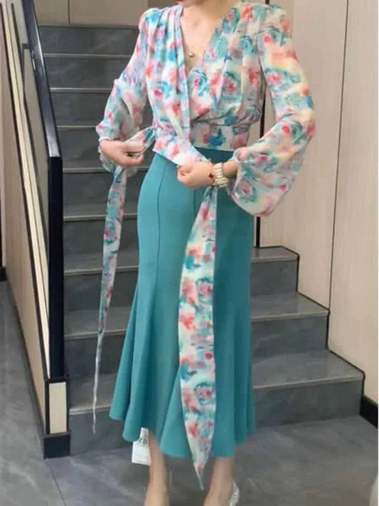 Two - piece dress women's summer 2024 new temperament casual fashion print sexy design cross tie floral shirt+fishtail skirt - SN Wigs & More