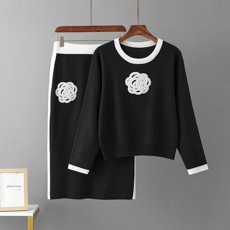 Two - Piece Knit Set + Embroidered O - Neck Knit Top With High - Waist Skirt + Casual Everyday Style - SN Wigs & More