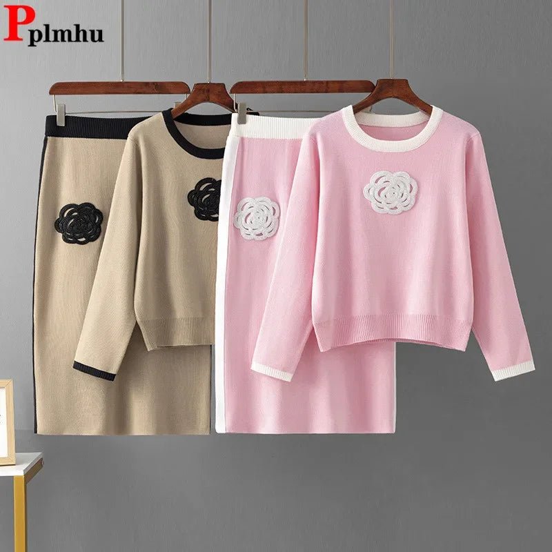 Two - Piece Knit Set + Embroidered O - Neck Knit Top With High - Waist Skirt + Casual Everyday Style - SN Wigs & More