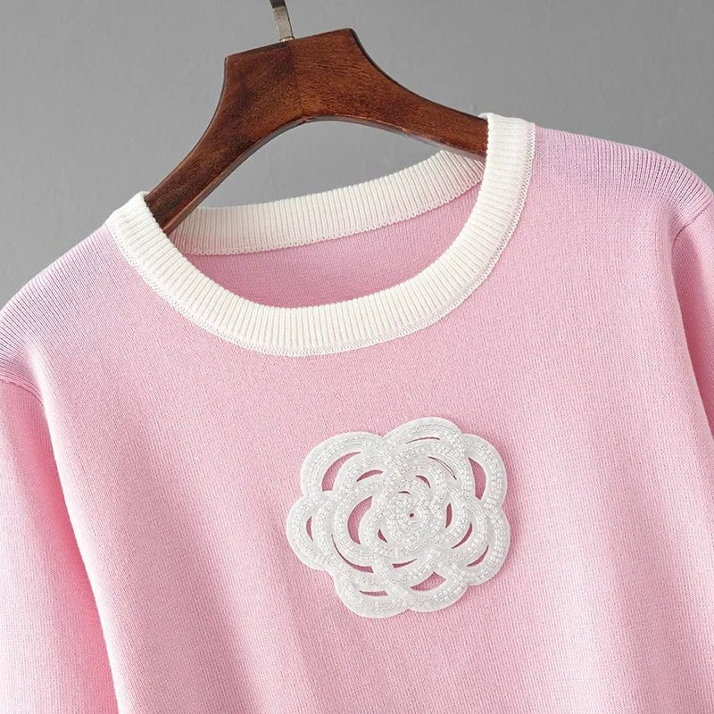 Two - Piece Knit Set + Embroidered O - Neck Knit Top With High - Waist Skirt + Casual Everyday Style - SN Wigs & More